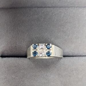 Sterling Silver STR Ring with Blue & Clear Gemstones Size 5 New Resizable